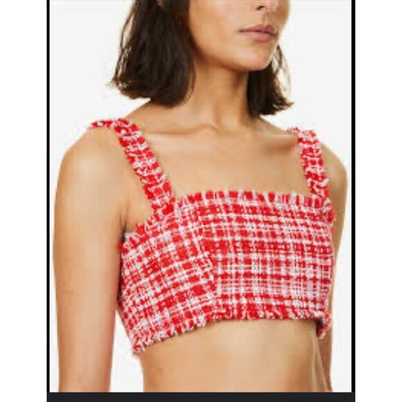 Self-Portrait Crop Top Size 6 Red & White Plaid Boucle Corset Zip Close - Picture 1 of 6